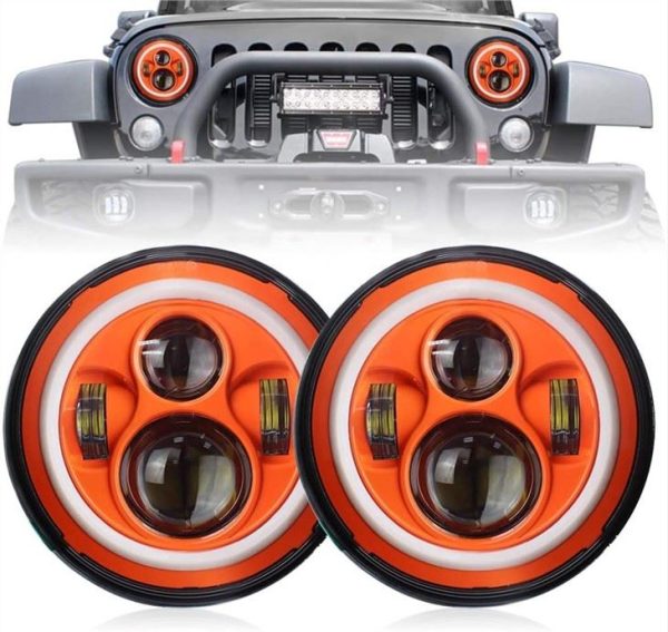 DOT Emark 7 Inch Round Orange Halo Limyè Pou Jeep Wrangler JK TJ LJ ak Harley Davidson Motosiklè-Skoutè